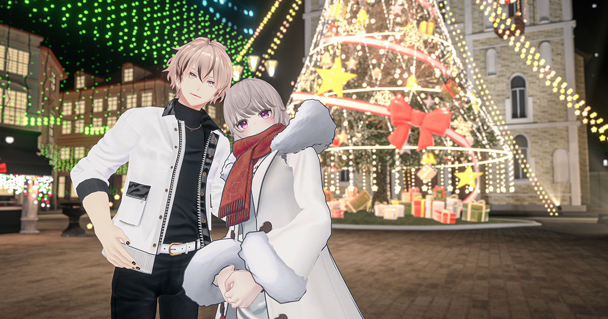 VRChatキャプチャ:キラキラ輝くクリスマスツリーの前で、男女のアバター2人が楽しいひとときを過ごしています。