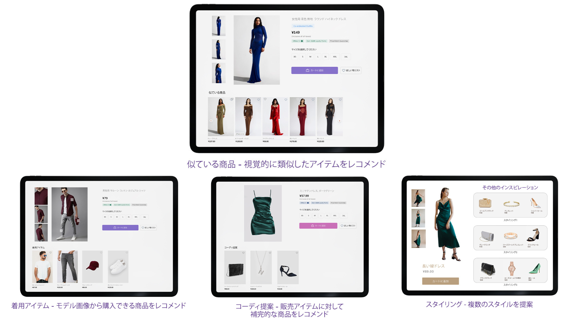 「似ている商品-視覚的に類似したアイテムをレコメンド」「着用アイテム-モデル画像から購入できる商品をレコメンド」「コーディ提案-販売アイテムに対して補完的な商品をレコメンド」「スタイリング-複数のスタイルを提案」