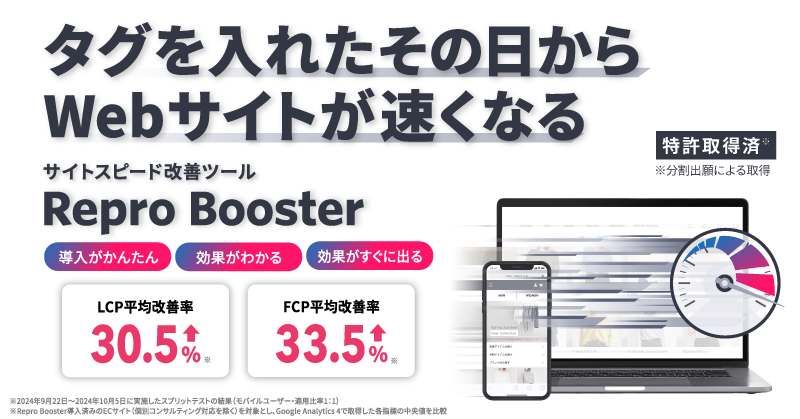 タグを入れたその日からWebサイトが速くなるサイトスピード改善ツールRepro Booster「導入がかんたん」「効果がわかる」「効果がすぐに出る」「LCP平均改善率30.5%アップ」「FCP平均改善率33.5%アップ」特許取得済み