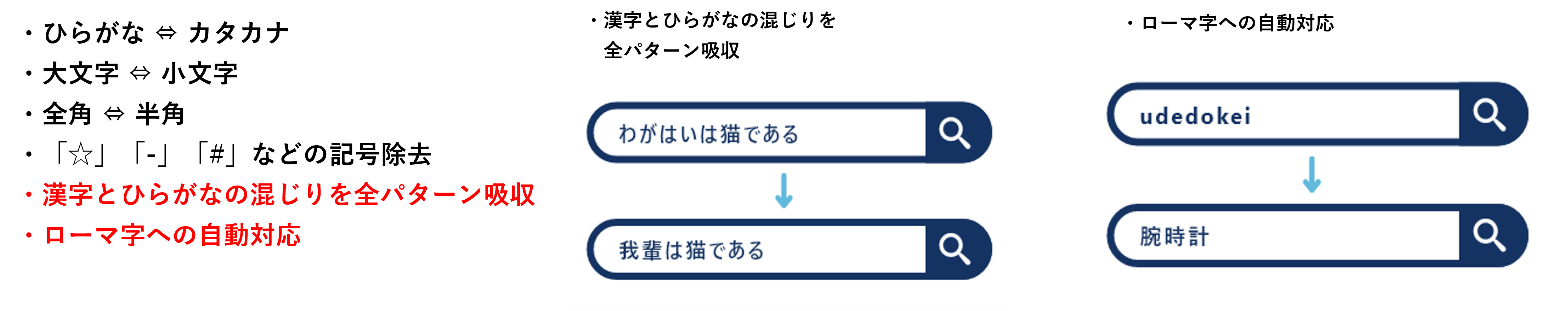 「Advantage Search」による検索精度の向上イメージ：入力ミスや表記ゆれ（ひらがな・カタカナ、大文字・小文字、全角・半角、記号除去など）を自動で吸収し、目的の商品へ導く様子
