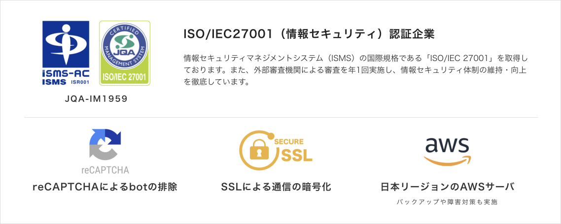 情報セキュリティマネジメントシステム（ISMS）の国際規格である「ISO/IEC27001」を取得しております。また、外部審査機関による審査を年1回実施し、情報セキュリティ体制の維持・向上を徹底しています。その他にも、recaptchaによるbotの排除、SSLによる通信の暗号化、日本リージョンのAWSサーバなどのセキュリティ体制があります。