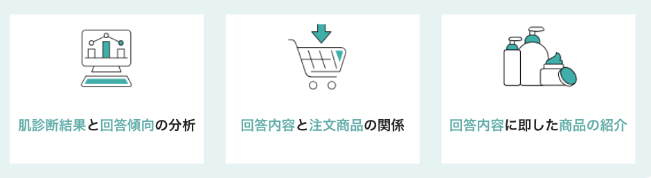 「肌診断結果と回答傾向の分析」「回答内容と注文商品の関係」「回答内容に即した商品の紹介」